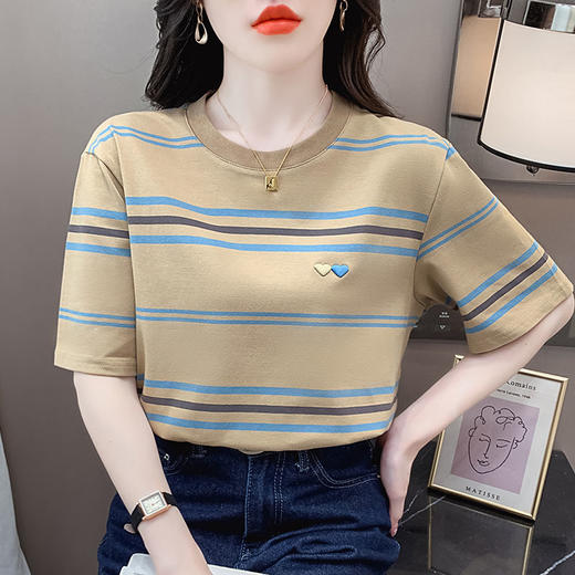 DD-撞色条纹刺绣爱心圆领短袖t恤女夏季2023年新款体恤上衣洋气 商品图0