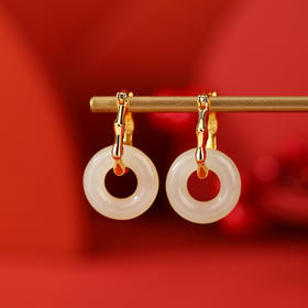 S925纯银镀金，和田玉复古气质竹节平安扣耳环古风百搭女耳坠CW-207