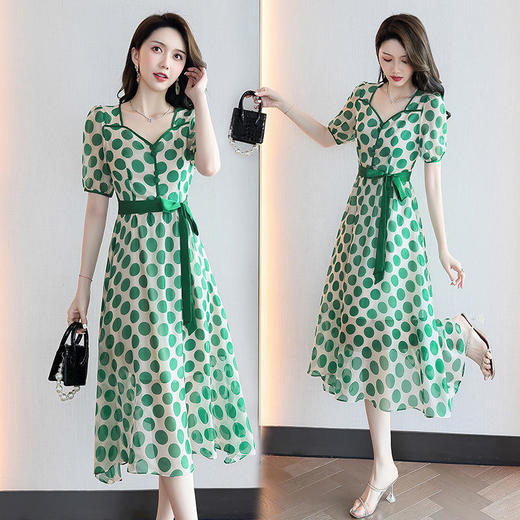 夏新减龄气质收腰显瘦时尚法式浪漫方领波点连衣裙HR-WZ51239 商品图0
