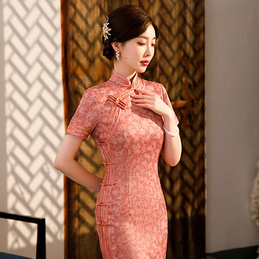 修身包臀优雅女装立领高开叉粉色宴会服 ST-C3019 商品图2