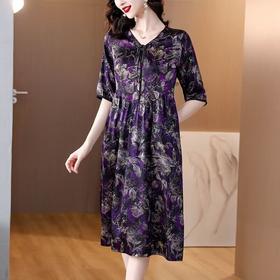 夏季新款，圆领印花真丝连衣裙女妈妈装新中式复古优雅大码裙子AHM-yys8975