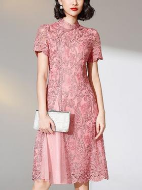 DNO-2EA8797短袖婚宴礼服高贵大码夏季短袖网纱刺绣连衣裙