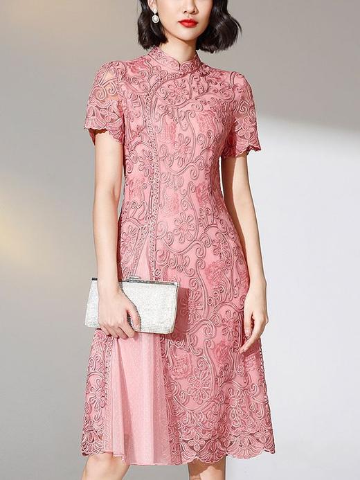 DNO-2EA8797短袖婚宴礼服高贵大码夏季短袖网纱刺绣连衣裙 商品图0