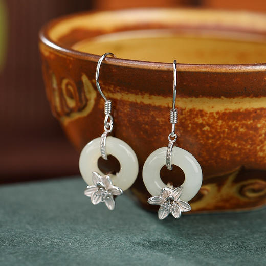 S925纯银镀金和田玉吉祥平安扣，兰花耳坠文艺时尚女耳饰CW-EG01765 商品图2