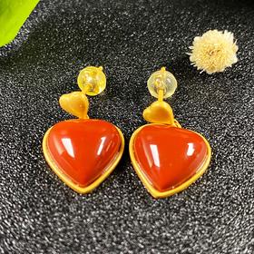 南红银镶耳饰-耳坠 爱心