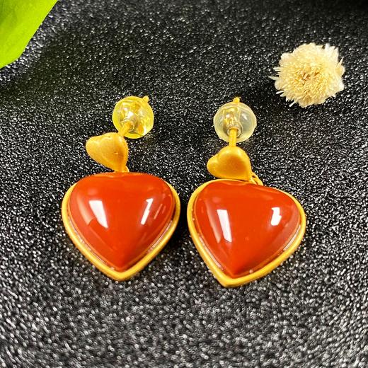 南红银镶耳饰-耳坠 爱心 商品图0