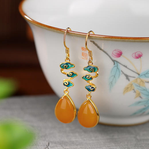 S925纯银镀金复古蜜蜡祥云水滴形，耳坠个性百搭文艺气质耳饰CW- EG01763 商品图0