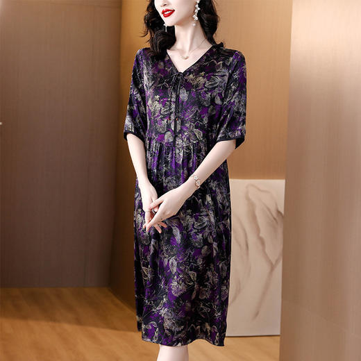 夏季新款，圆领印花真丝连衣裙女妈妈装新中式复古优雅大码裙子AHM-yys8975 商品图3