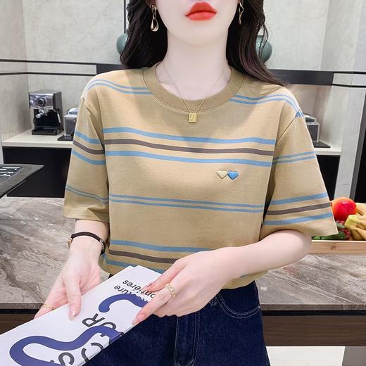 DD-撞色条纹刺绣爱心圆领短袖t恤女夏季2023年新款体恤上衣洋气 商品图3