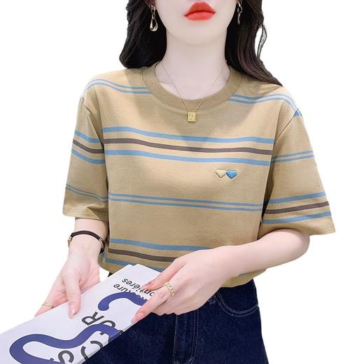 DD-撞色条纹刺绣爱心圆领短袖t恤女夏季2023年新款体恤上衣洋气 商品图7