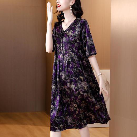 夏季新款，圆领印花真丝连衣裙女妈妈装新中式复古优雅大码裙子AHM-yys8975 商品图2