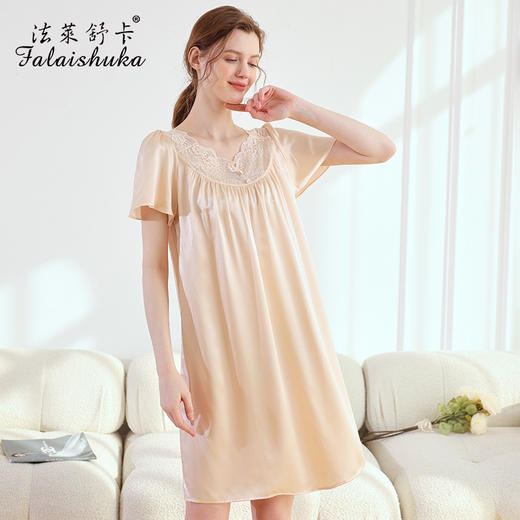SK-S5807真丝睡裙女夏秋季桑蚕丝丝绸短袖宽松新款睡裙S5807 商品图4