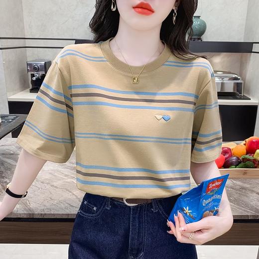 DD-撞色条纹刺绣爱心圆领短袖t恤女夏季2023年新款体恤上衣洋气 商品图2