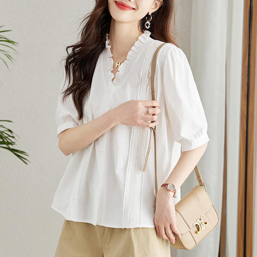 优雅百搭，棉质木耳边v领白衬衫MJ23076 商品图2