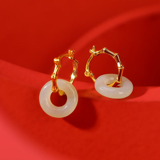 S925纯银镀金，和田玉复古气质竹节平安扣耳环古风百搭女耳坠CW-207 商品图1