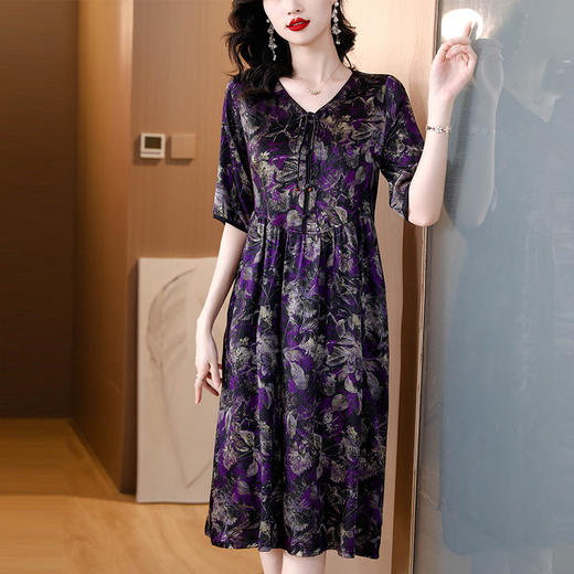 夏季新款，圆领印花真丝连衣裙女妈妈装新中式复古优雅大码裙子AHM-yys8975 商品图1