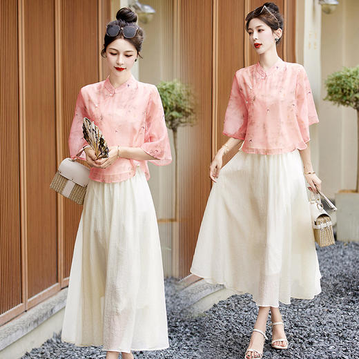 气质清新，改良旗袍夏季新中式套装女气质复古风上衣半身裙两件套连衣裙HR-BBL2323 商品图3
