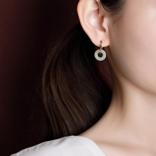 S925纯银镀金，和田玉复古气质竹节平安扣耳环古风百搭女耳坠CW-207 商品图3