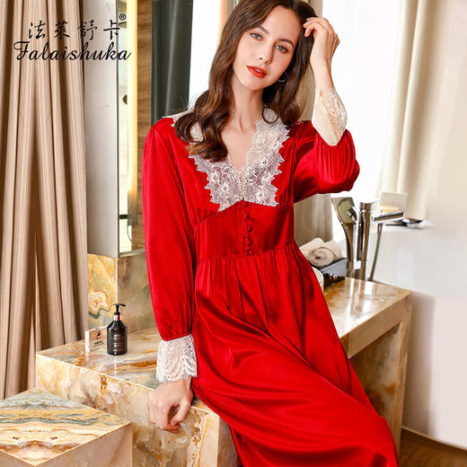 SK-S5696    19姆米新款重磅桑蚕丝睡裙女长款性感红色家居服夏长裙睡衣S5696 商品图3