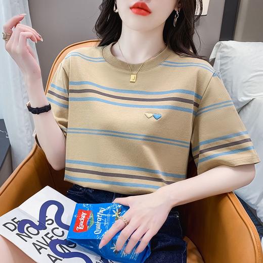 DD-撞色条纹刺绣爱心圆领短袖t恤女夏季2023年新款体恤上衣洋气 商品图5