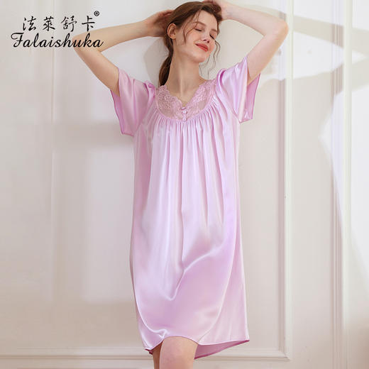 SK-S5807真丝睡裙女夏秋季桑蚕丝丝绸短袖宽松新款睡裙S5807 商品图5