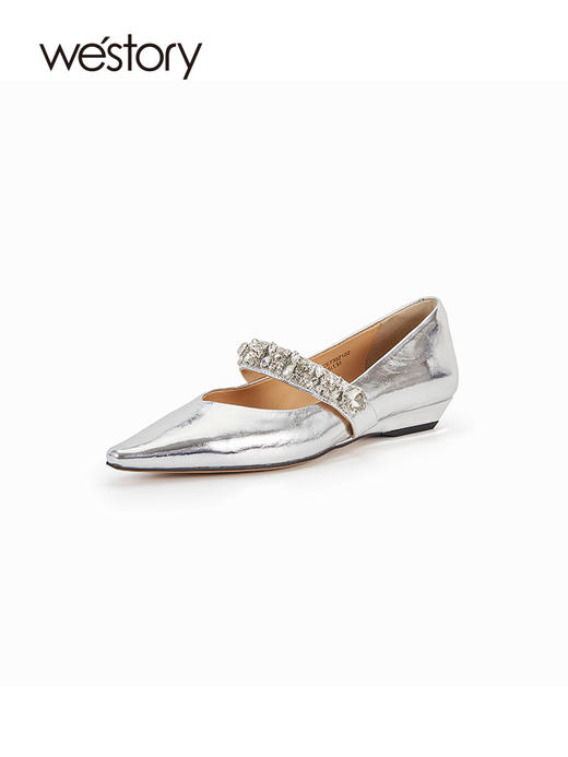 westory2023年秋季新款金属色质感奶奶鞋水钻一字带爆款单鞋W23CE73521 商品图1