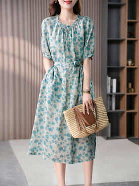 YX【现货7天】显瘦法式苎麻连衣裙女2024夏季新款设计感小众减龄碎花长裙子