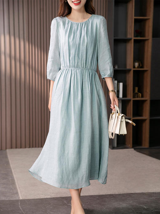 YX【定制17天】减龄气质苎麻连衣裙女2024夏季新款设计感灯笼袖收腰显瘦长裙 商品图2