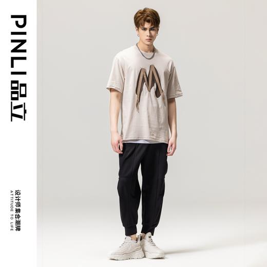 PINLI品立春季新款贴布印花T恤男士圆领短袖体恤BG231111042 商品图2