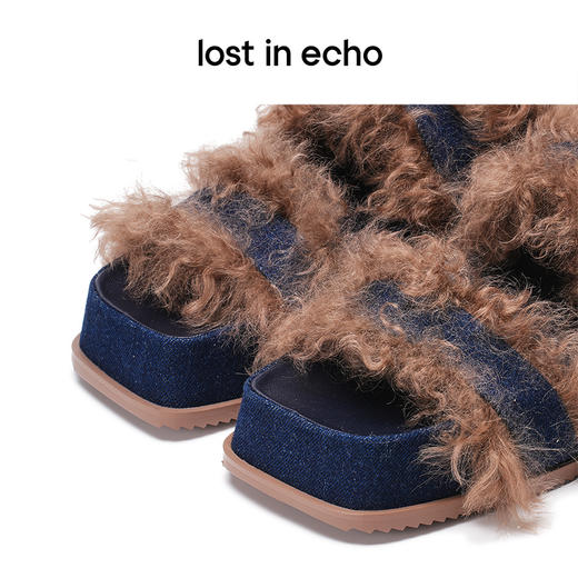 [断码]lost in echo秋季新款设计师款毛拖魔术贴厚底增高毛茸茸拖鞋女 商品图4