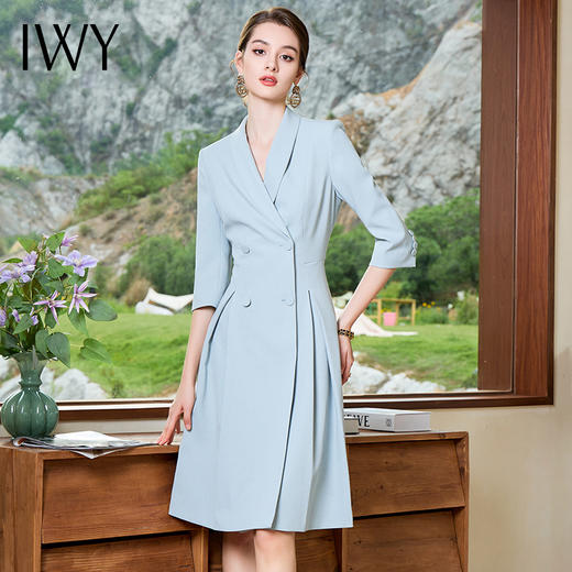 IWY/正式场合职业连衣裙女夏季蓝色美容院西装裙气质高端Q963 商品图0