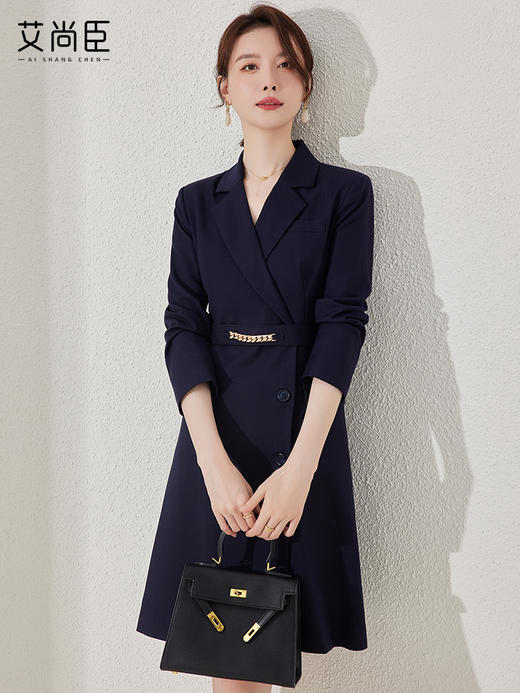 藏青色收腰连衣裙早秋新款长袖小个子气质高级感小香风裙子工作服 商品图1