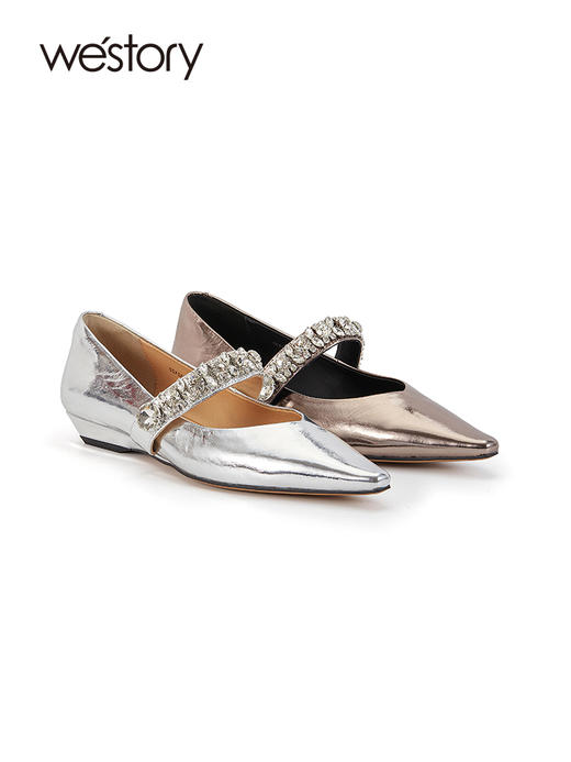 westory2023年秋季新款金属色质感奶奶鞋水钻一字带爆款单鞋W23CE73521 商品图2