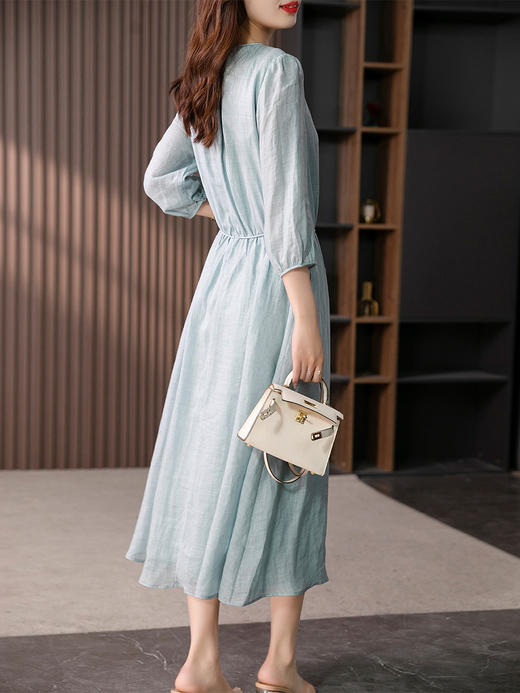 YX【定制17天】减龄气质苎麻连衣裙女2024夏季新款设计感灯笼袖收腰显瘦长裙 商品图4