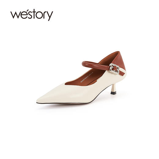 westory低跟单鞋拼色单鞋淑女通勤尖头优雅舒适一字扣简约单鞋W23CE73091 商品图2