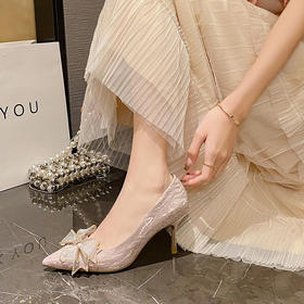 ZHR尖头蝴蝶结高跟鞋女2023新款婚鞋法式气质单鞋百搭水钻新娘鞋