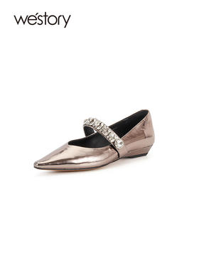 westory2023年秋季新款金属色质感奶奶鞋水钻一字带爆款单鞋W23CE73521