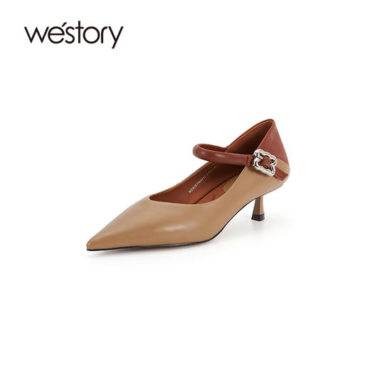 westory低跟单鞋拼色单鞋淑女通勤尖头优雅舒适一字扣简约单鞋W23CE73091 商品图1