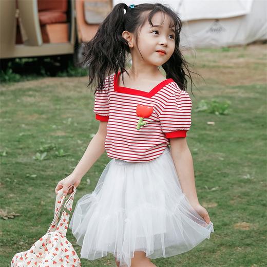 贝贝怡女童短袖立体小花T恤夏季新款中小童条纹纯棉宽松儿童上衣 商品图2