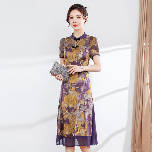 QYM-23TA52-Y复古旗袍裙夏季新款短袖裙中长款印花裙时尚气质妈妈装连衣裙 商品图0