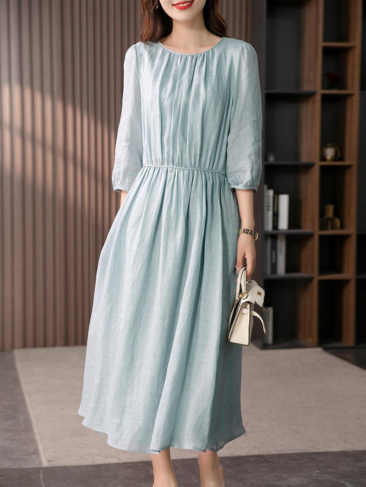 YX【定制17天】减龄气质苎麻连衣裙女2024夏季新款设计感灯笼袖收腰显瘦长裙 商品图3