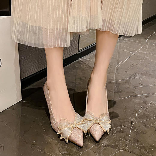 ZHR尖头蝴蝶结高跟鞋女2023新款婚鞋法式气质单鞋百搭水钻新娘鞋 商品图3