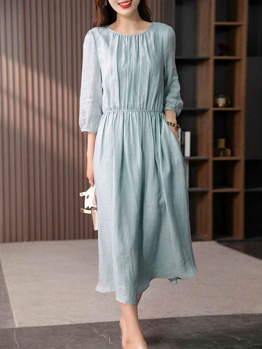 YX【定制17天】减龄气质苎麻连衣裙女2024夏季新款设计感灯笼袖收腰显瘦长裙