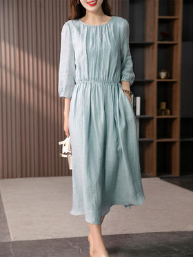 YX【定制17天】减龄气质苎麻连衣裙女2024夏季新款设计感灯笼袖收腰显瘦长裙