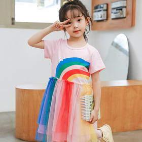 贝贝怡女童彩虹短袖连衣裙女宝宝夏季不规则网纱裙学院风蓬蓬裙
