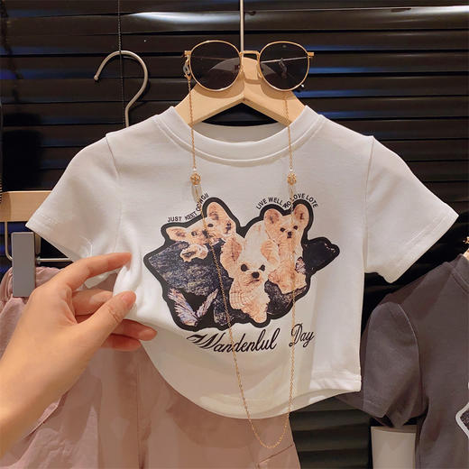 【韩版时髦洋气！卡通印花短款T恤工装裤套装】时尚舒适又耐穿，柔软透气亲肤，无束缚，童装夏女童韩系套装中小童，潮流造型不容错过 商品图5