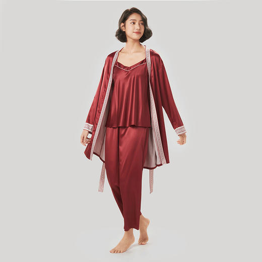 都市丽人好睡好眠女士睡衣哑光弹力色丁丝质薄款三件套家居服新年本命年红品LH35A5 商品图7