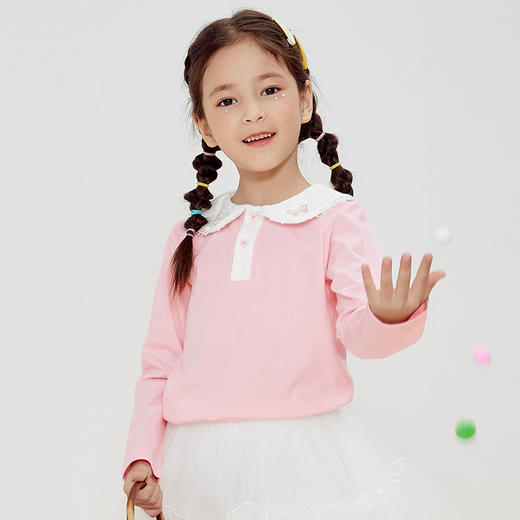贝贝怡秋季新品女童纯色长袖T恤甜美小女孩淑女风上衣纯棉223S3044 商品图2