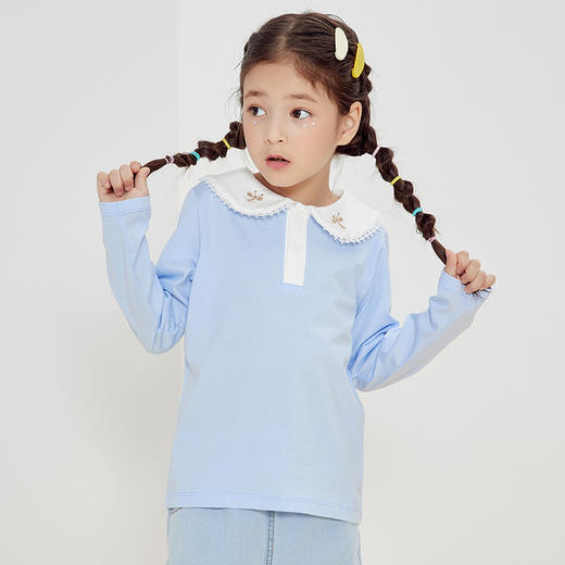 贝贝怡秋季新品女童纯色长袖T恤甜美小女孩淑女风上衣纯棉223S3044 商品图3