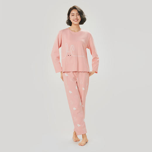 都市丽人生活家居女士睡衣26支CVC单面棉质薄款长袖长裤类家居服套装LH32M7 商品图1